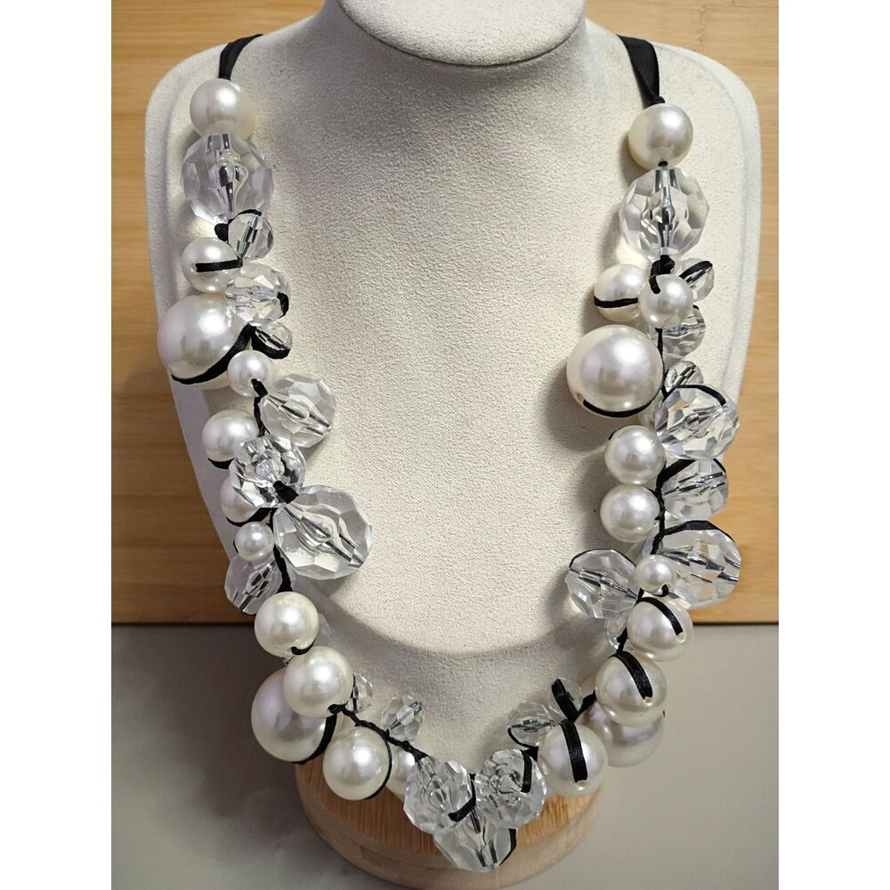 Vintage Statement size Lucite Acrylic Beaded Fashion Necklace Laced with Ribbon